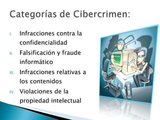 Infracciones contra la confidencialidad Falsificación y fraude informático Infracciones relativas a los contenidos Violaciones de la propiedad intelectual 