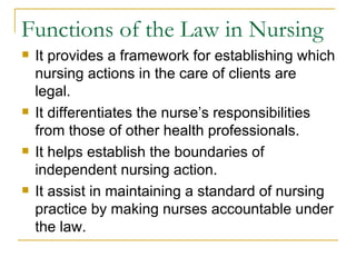 Functions of the Law in Nursing It provides a framework for establishing which nursing actions in the care of clients are legal. It differentiates the nurse’s responsibilities from those of other health professionals. It helps establish the boundaries of independent nursing action. It assist in maintaining a standard of nursing practice by making nurses accountable under the law. 