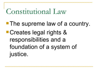 Constitutional Law The supreme law of a country. Creates legal rights & responsibilities and a foundation of a system of justice. 
