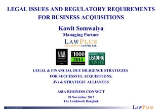 LAWPLUS
LEGAL ISSUES AND REGULATORY REQUIREMENTS
FOR BUSINESS ACQUISITIONS
Kowit Somwaiya
Managing Partner
LEGAL & FINANCIAL DUE DILIGENCE STRATEGIES
FOR SUCCESSFUL ACQUISITIONS,
JVs & STRATEGIC ALLIANCES
ASIA BUSINESS CONNECT
28 November 2013
The Landmark Bangkok
 