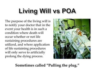 Living Will vs POAThe purpose of the living will is to notify your doctor that in the event your health is in such a condition where death will occur whether or not life sustaining procedures are utilized, and where application of life sustaining procedures will only serve to artificially prolong the dying process.Sometimes called “Pulling the plug.”