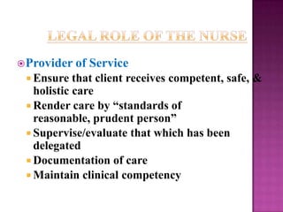  Provider of   Service
  Ensure   that client receives competent, safe, &
   holistic care
  Render care by “standards ...