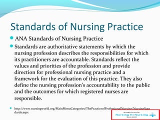 Professional Nursing Practice
Nurse Practice Acts
Licensure and Certification
Science and Art of Nursing practice
 