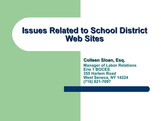 Issues Related to School District Web Sites Colleen Sloan, Esq. Manager of Labor Relations Erie 1 BOCES  355 Harlem Road West Seneca, NY 14224 (716) 821-7097 