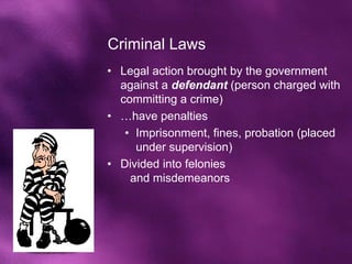 Criminal Laws
• Legal action brought by the government
  against a defendant (person charged with
  committing a crime)
• …have penalties
   • Imprisonment, fines, probation (placed
     under supervision)
• Divided into felonies
    and misdemeanors
 