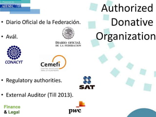 Authorized
Donative
Organization
• Diario Oficial de la Federación.
• Avál.
• Regulatory authorities.
• External Auditor (Till 2013).
 