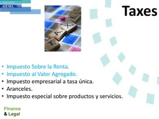 Taxes
• Impuesto Sobre la Renta.
• Impuesto al Valor Agregado.
• Impuesto empresarial a tasa única.
• Aranceles.
• Impuesto especial sobre productos y servicios.
 