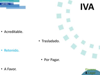 IVA
• Acreditable.
• Trasladado.
• Retenido.
• Por Pagar.
• A Favor.
 