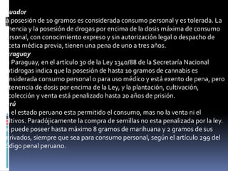 Ecuador
La posesión de 10 gramos es considerada consumo personal y es tolerada. La
tenencia y la posesión de drogas por encima de la dosis máxima de consumo
personal, con conocimiento expreso y sin autorización legal o despacho de
receta médica previa, tienen una pena de uno a tres años.
Paraguay
En Paraguay, en el artículo 30 de la Ley 1340/88 de la Secretaría Nacional
Antidrogas indica que la posesión de hasta 10 gramos de cannabis es
considerada consumo personal o para uso médico y está exento de pena, pero
la tenencia de dosis por encima de la Ley, y la plantación, cultivación,
recolección y venta está penalizado hasta 20 años de prisión.
Perú
En el estado peruano esta permitido el consumo, mas no la venta ni el
cultivos. Paradójicamente la compra de semillas no esta penalizada por la ley.
Se puede poseer hasta máximo 8 gramos de marihuana y 2 gramos de sus
derivados, siempre que sea para consumo personal, según el artículo 299 del
código penal peruano.

 