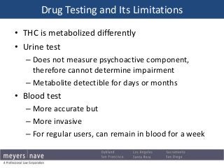 • THC is metabolized differently
• Urine test
– Does not measure psychoactive component,
therefore cannot determine impair...