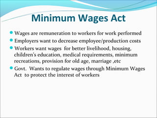 Minimum Wages Act
Wages are remuneration to workers for work performed
Employers want to decrease employee/production costs
Workers want wages for better livelihood, housing,
 children’s education, medical requirements, minimum
 recreations, provision for old age, marriage ,etc
Govt. Wants to regulate wages through Minimum Wages
 Act to protect the interest of workers
 