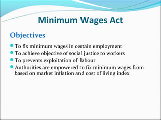 Minimum Wages Act
Objectives
To fix minimum wages in certain employment
To achieve objective of social justice to workers
To prevents exploitation of labour
Authorities are empowered to fix minimum wages from
 based on market inflation and cost of living index
 