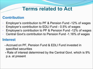 Terms related to Act
Contribution
-   Employer’s contribution to PF & Pension Fund -12% of wages
-   Employer’s contribution to EDLI Fund - 0.5% of wages
-   Employee’s contribution to PF & Pension Fund -12% of wages
-   Central Govt’s contribution to Pension Fund -1.16% of wages
Interest
    - Accrued on PF, Pension Fund & EDLI Fund invested in
     specified securities
    - Rate of interest determined by the Central Govt. which is 9%
     p.a. at present
 