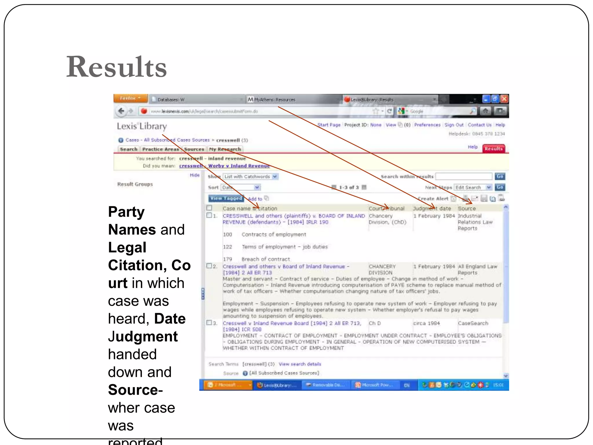 Results



  Party
  Names and
  Legal
  Citation, Co
  urt in which
  case was
  heard, Date
  Judgment
  handed
  down and
  Source-
  wher case
  was
 