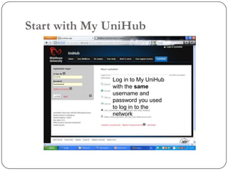 Start with My UniHub



              Log in to My UniHub
              with the same
              username and
              password you used
              to log in to the
              network
 