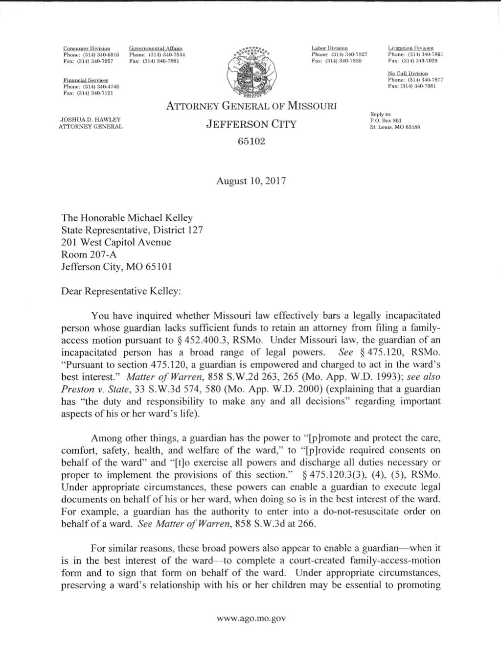 Missouri Attorney General Legal Opinion