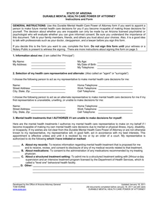 21
Form: State of Arizona Durable Mental Health
Care Power Of Attorney
 