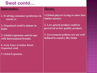 Opportunities:-

Threats:-

1. Evolving consumer preference in
recent yr.

1.Global players trying to enter into
Indian market.

2. Organized retail is minute in
India

2. Low priced product could be
perceived as low quality product.

3. Global expansion and tie-ups
with international brands.

3. Government policies are not well
defined in country like India

4. Early Entry in Indian Retail .
Organized retail.
5. Global Expansion

 