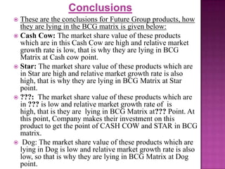These are the conclusions for Future Group products, how
they are lying in the BCG matrix is given below:
 Cash Cow: The market share value of these products
which are in this Cash Cow are high and relative market
growth rate is low, that is why they are lying in BCG
Matrix at Cash cow point.
 Star: The market share value of these products which are
in Star are high and relative market growth rate is also
high, that is why they are lying in BCG Matrix at Star
point.
 ???: The market share value of these products which are
in ??? is low and relative market growth rate of is
high, that is they are lying in BCG Matrix at??? Point. At
this point, Company makes their investment on this
product to get the point of CASH COW and STAR in BCG
matrix.
 Dog: The market share value of these products which are
lying in Dog is low and relative market growth rate is also
low, so that is why they are lying in BCG Matrix at Dog
point.


 