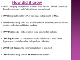 

1987 Company incorporated as Manz Wear Private Limited. Launch of
Pantaloons trouser, India’s first formal trouser brand.



1992 Initial public offer (IPO) was made in the month of May.



1994 Future Group India was established with a vision to provide diverse
services in Indian and Global markets.



1997 Pantaloons – India’s family store launched in Kolkata.



2001 Big Bazaar, ‘Is se sasta aur accha kahi nahin’ - India’s first
hypermarket chain launched in Jogeshwari,Mumbai.



2002 Food Bazaar, the supermarket chain is launched.



2007 Future Group crosses $1 billion turnover mark.

 
