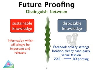 Future Proofing 
Distinguish between 
disposable 
knowledge 
Facebook privacy settings 
location, trendy band, party, 
ven...