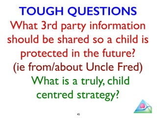 TOUGH QUESTIONS 
What 3rd party information 
should be shared so a child is 
protected in the future? 
(ie from/about Uncl...