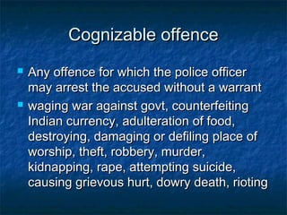Cognizable offenceCognizable offence
 Any offence for which the police officerAny offence for which the police officer
may arrest the accused without a warrantmay arrest the accused without a warrant
 waging war against govt, counterfeitingwaging war against govt, counterfeiting
Indian currency, adulteration of food,Indian currency, adulteration of food,
destroying, damaging or defiling place ofdestroying, damaging or defiling place of
worship, theft, robbery, murder,worship, theft, robbery, murder,
kidnapping, rape, attempting suicide,kidnapping, rape, attempting suicide,
causing grievous hurt, dowry death, riotingcausing grievous hurt, dowry death, rioting
 
