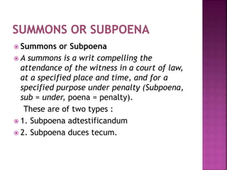  Summons or Subpoena
 A summons is a writ compelling the
attendance of the witness in a court of law,
at a specified pla...