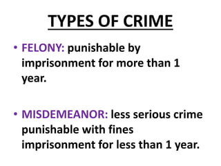 TYPES OF CRIME
• FELONY: punishable by
imprisonment for more than 1
year.
• MISDEMEANOR: less serious crime
punishable with fines
imprisonment for less than 1 year.
 