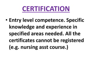 CERTIFICATION
• Entry level competence. Specific
knowledge and experience in
specified areas needed. All the
certificates cannot be registered
(e.g. nursing asst course.)
 