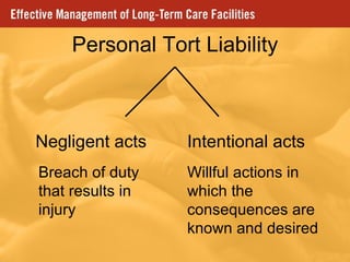 Personal Tort Liability Negligent acts Intentional acts Breach of duty that results in injury Willful actions in which the consequences are  known and desired 