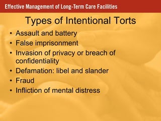 Types of Intentional Torts Assault and battery False imprisonment Invasion of privacy or breach of confidentiality Defamation: libel and slander Fraud Infliction of mental distress 