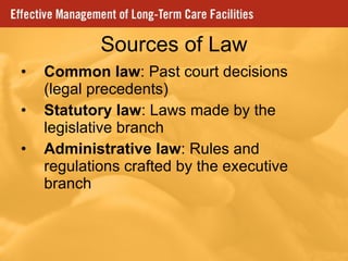 Sources of Law Common law : Past court decisions (legal precedents) Statutory law : Laws made by the legislative branch Administrative law : Rules and regulations crafted by the executive branch 