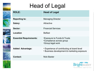 Head of Legal ROLE: Head of Legal Reporting to: Managing Director Salary: Attractive  Sector: Financial Services Location Belfast Essential Requirements: ,[object Object],[object Object],[object Object],Added  Advantage: ,[object Object],[object Object],Contact:  Nick Baxter 