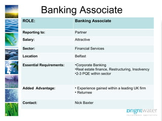 Banking Associate ROLE: Banking Associate Reporting to: Partner Salary: Attractive  Sector: Financial Services Location Belfast Essential Requirements: ,[object Object],[object Object],[object Object],Added  Advantage: ,[object Object],[object Object],Contact:  Nick Baxter 