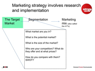 Marketing strategy involves research and implementation,[object Object],The Target Market,[object Object],Segmentation,[object Object],Marketing mix (also called the 4 P’s),[object Object],Research ,[object Object],Implementation ,[object Object],Marketing is NOT just about leaflets, brochures and websites,[object Object],Infact 70% of marketing is research, asking people and planning,[object Object],51,[object Object]