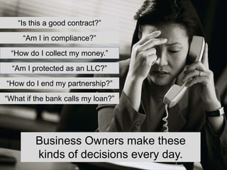 “Is this a good contract?”

     “Am I in compliance?”

 “How do I collect my money.”

  “Am I protected as an LLC?”

“How do I end my partnership?”

“What if the bank calls my loan?”




         Business Owners make these
         kinds of decisions every day.
 