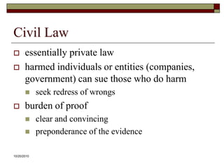 10/20/10Civil Lawessentially private lawharmed individuals or entities (companies, government) can sue those who do harmseek redress of wrongsburden of proofclear and convincingpreponderance of the evidence