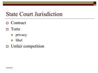 10/20/10State Court JurisdictionContractTortsprivacylibelUnfair competition