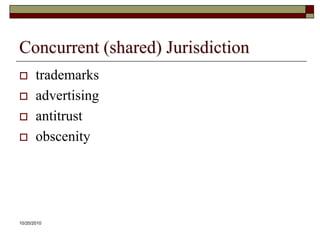 10/20/10Concurrent (shared) Jurisdictiontrademarksadvertisingantitrustobscenity
