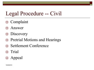 10/20/10Legal Procedure -- CivilComplaintAnswerDiscoveryPretrial Motions and HearingsSettlement ConferenceTrialAppeal