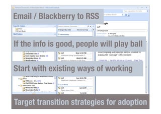 Email / Blackberry to RSS


If the info is good, people will play ball

Start with existing ways of working


Target trans...