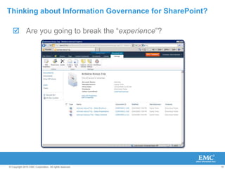 Lots of itMostly unstructuredMostly unmanagedCreated by organizationsBecoming more regulated NOTHING! What is going to stop information from growing Thinking about Information Governance for SharePoint?How much content are you planning to hold in SharePoint?35Zb95%Information85%85%▲Source: "The Digital Universe Decade,“ EMC-sponsored IDC White Paper, May 2010