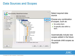 Externalization for Operational EfficienciesSharePoint End UserEMC EBS HandlerMetadataMetadataContentSQL ServerLeverage Microsoft’s preferred method for externalizationReduce load on SQLReduce costs via tiered storageMaintain end-user experienceEnsure performance & scalabilityObjectObject