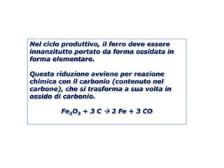 Nel ciclo produttivo, il ferro deve essere
innanzitutto portato da forma ossidata in
forma elementare.

Questa riduzione avviene per reazione
chimica con il carbonio (contenuto nel
carbone), che si trasforma a sua volta in
ossido di carbonio.

         Fe2O3 + 3 C  2 Fe + 3 CO
 