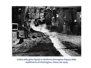 Colata della ghisa liquida in altoforno (immagine d’epoca dello
         stabilimento di Workington, chiuso nel 1974)
 