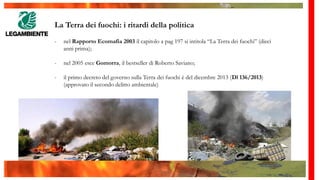 La Terra dei fuochi: i ritardi della politica
- nel Rapporto Ecomafia 2003 il capitolo a pag 197 si intitola “La Terra dei fuochi” (dieci
anni prima);
- nel 2005 esce Gomorra, il bestseller di Roberto Saviano;
- il primo decreto del governo sulla Terra dei fuochi è del dicembre 2013 (Dl 136/2013)
(approvato il secondo delitto ambientale)
 