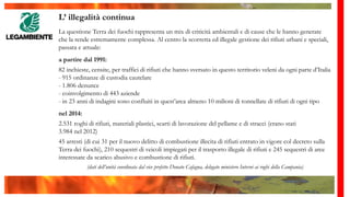 L’ illegalità continua
La questione Terra dei fuochi rappresenta un mix di criticità ambientali e di cause che le hanno generate
che la rende estremamente complessa. Al centro la scorretta ed illegale gestione dei rifiuti urbani e speciali,
passata e attuale:
a partire dal 1991:
82 inchieste, censite, per traffici di rifiuti che hanno sversato in questo territorio veleni da ogni parte d’Italia
- 915 ordinanze di custodia cautelare
- 1.806 denunce
- coinvolgimento di 443 aziende
- in 23 anni di indagini sono confluiti in quest’area almeno 10 milioni di tonnellate di rifiuti di ogni tipo
nel 2014:
2.531 roghi di rifiuti, materiali plastici, scarti di lavorazione del pellame e di stracci (erano stati
3.984 nel 2012)
45 arresti (di cui 31 per il nuovo delitto di combustione illecita di rifiuti entrato in vigore col decreto sulla
Terra dei fuochi), 210 sequestri di veicoli impiegati per il trasporto illegale di rifiuti e 245 sequestri di aree
interessate da scarico abusivo e combustione di rifiuti.
(dati dell’unità coordinata dal vice prefetto Donato Cafagna, delegato ministero Interni ai roghi della Campania)
 