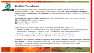 Bonifiche? Una chimera
Le pratiche illegali più che ventennali hanno portato questa parte del territorio campano alla classificazione di sito
gravemente inquinato (“Litorale Domitio Flegreo e Agro Aversano”), inserito nel 1998 nel Programma nazionale di
bonifica e nel 2013 declassamento a sito regionale (contro questa decisione del Ministero Legambiente ha fatto ricorso
al Tar del Lazio).
Ancora oggi però sugli oltre 2000 siti inquinati, censiti all’interno del perimetro dell’ex sito di interesse nazionale:
0,2% : attività di bonifica concluse o in corso;
21,5% : caratterizzato e analizzato;
74% : nessuna attività
Altri ritardi riguardano anche le aree più critiche ricadenti nelle cosiddette “aree vaste”, tra cui:
- discarica ex Resit, circa 340mila tonnellate di rifiuti speciali pericolosi, oltre 160mila di rifiuti speciali non pericolosi:
caratterizzazione della discarica è completata ma non è ancora partita la messa in sicurezza permanente);
- Lo Uttaro, nel comune di Caserta, che comprende discariche, aree industriali o ex aree di cava:
caratterizzati solo 20 ettari su 196 e gli interventi di bonifica non sono ovviamente ancora partiti)
Le bonifiche non partono ma il rischio di infiltrazione delle ecomafie e fenomeni di illegalità in queste operazioni
è già tangibile : 19 indagini su smaltimenti illegali di terre e rifiuti derivanti da operazioni di bonifica a livello nazionale dal
2002 ad oggi, 150 ordinanze di custodia cautelare, denuncia di 550 persone e coinvolgimento di 105 aziende.
(dati dal Rapporto Ecomafia 2014 di Legambiente)
 