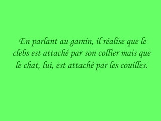 En parlant au gamin, il réalise que le clebs est attaché par son collier mais que le chat, lui, est attaché par les couilles.
